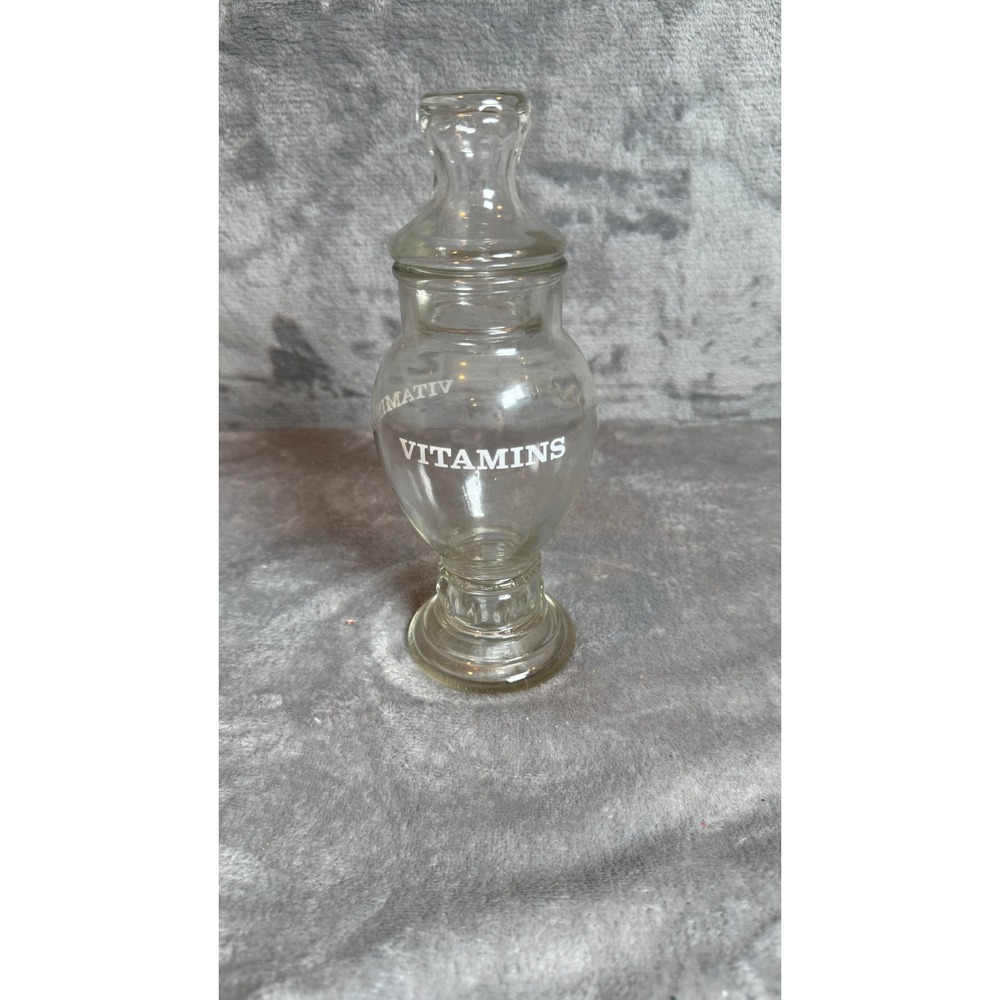 Vintage Apothecary Jar Unisex 8.5in Clear Excellent Vitamin Glass Pedestal Lid